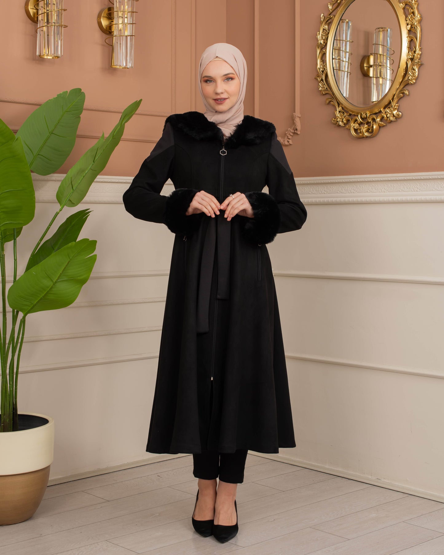 Luxus Wildleder-Trenchcoat mit Kaninchenfell gefüttert 1366 - Schwarz