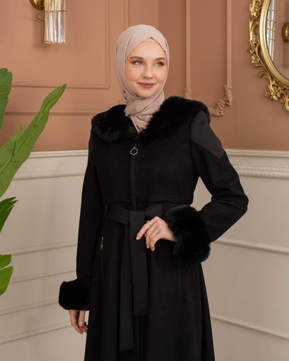 Luxus Wildleder-Trenchcoat mit Kaninchenfell gefüttert 1366 - Schwarz