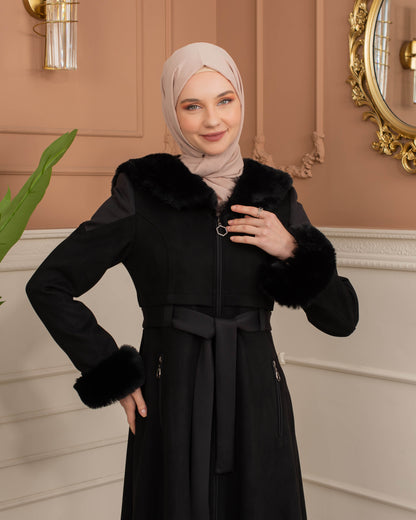 Luxus Wildleder-Trenchcoat mit Kaninchenfell gefüttert 1366 - Schwarz