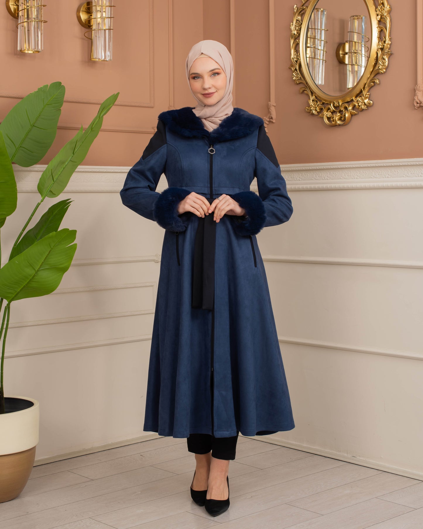 Luxus Wildleder-Trenchcoat mit Kaninchenfell gefüttert 1366 - Dunkelblau