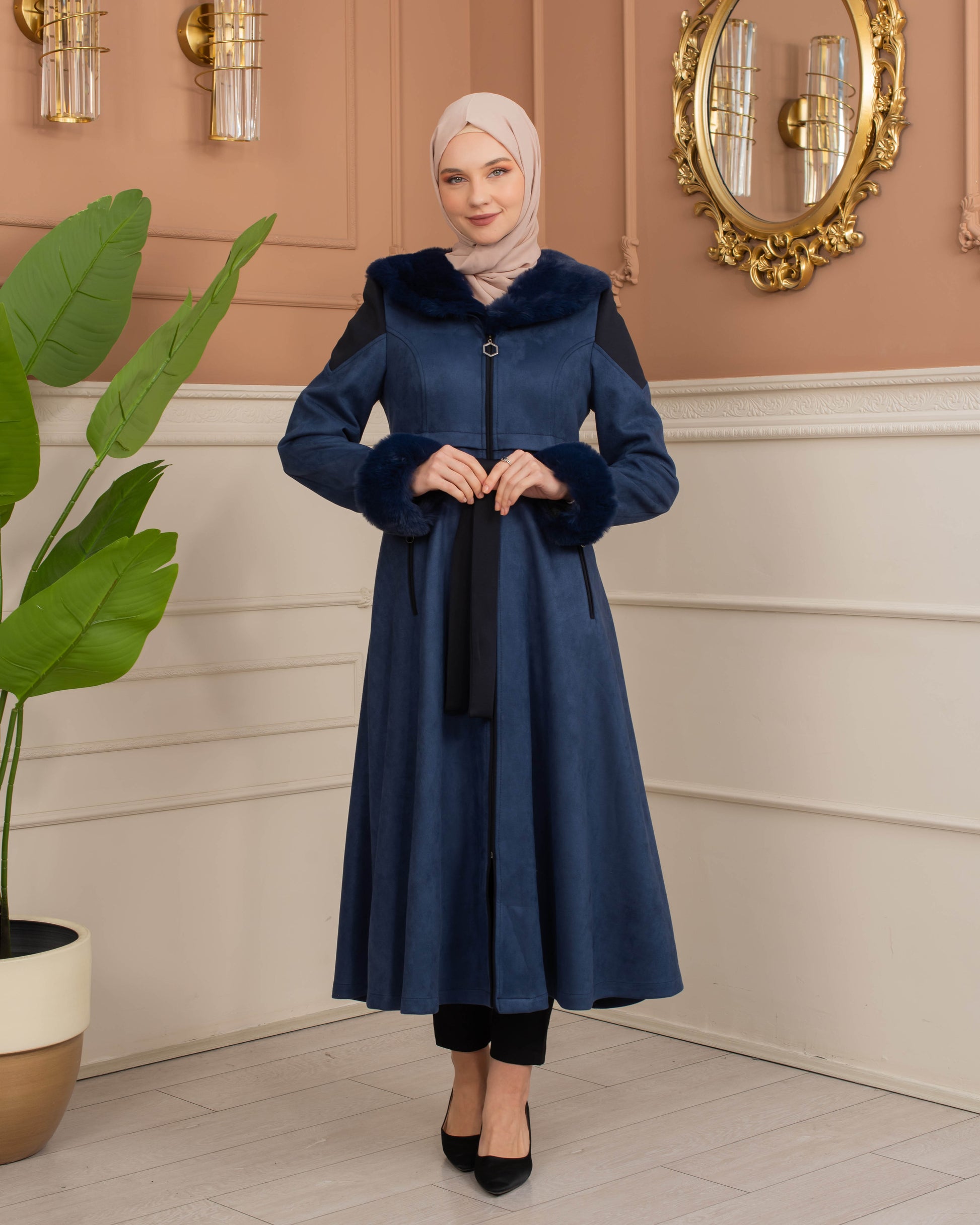 Luxus Wildleder-Trenchcoat mit Kaninchenfell gefüttert 1366 - Dunkelblau