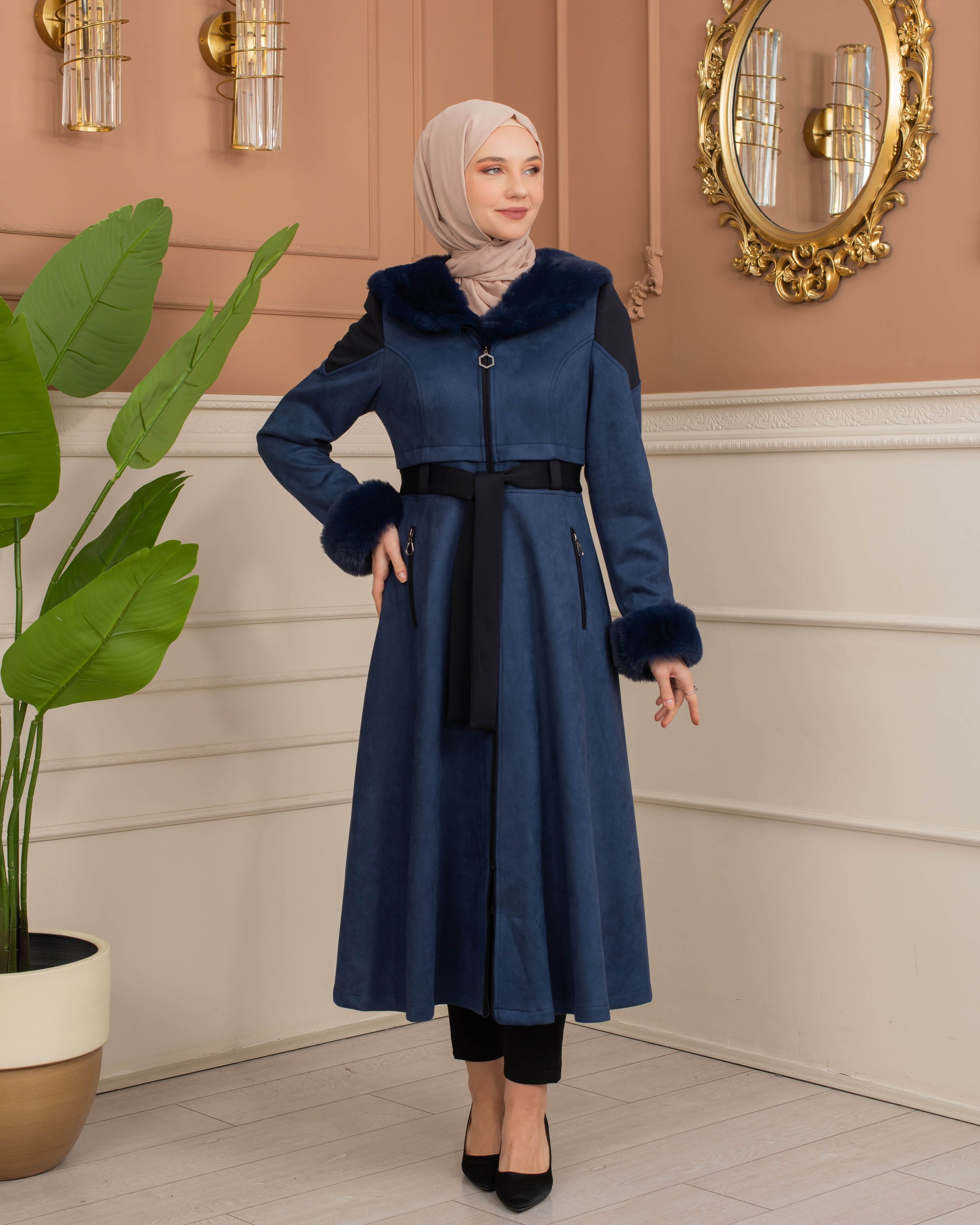 Luxus Wildleder-Trenchcoat mit Kaninchenfell gefüttert 1366 - Dunkelblau