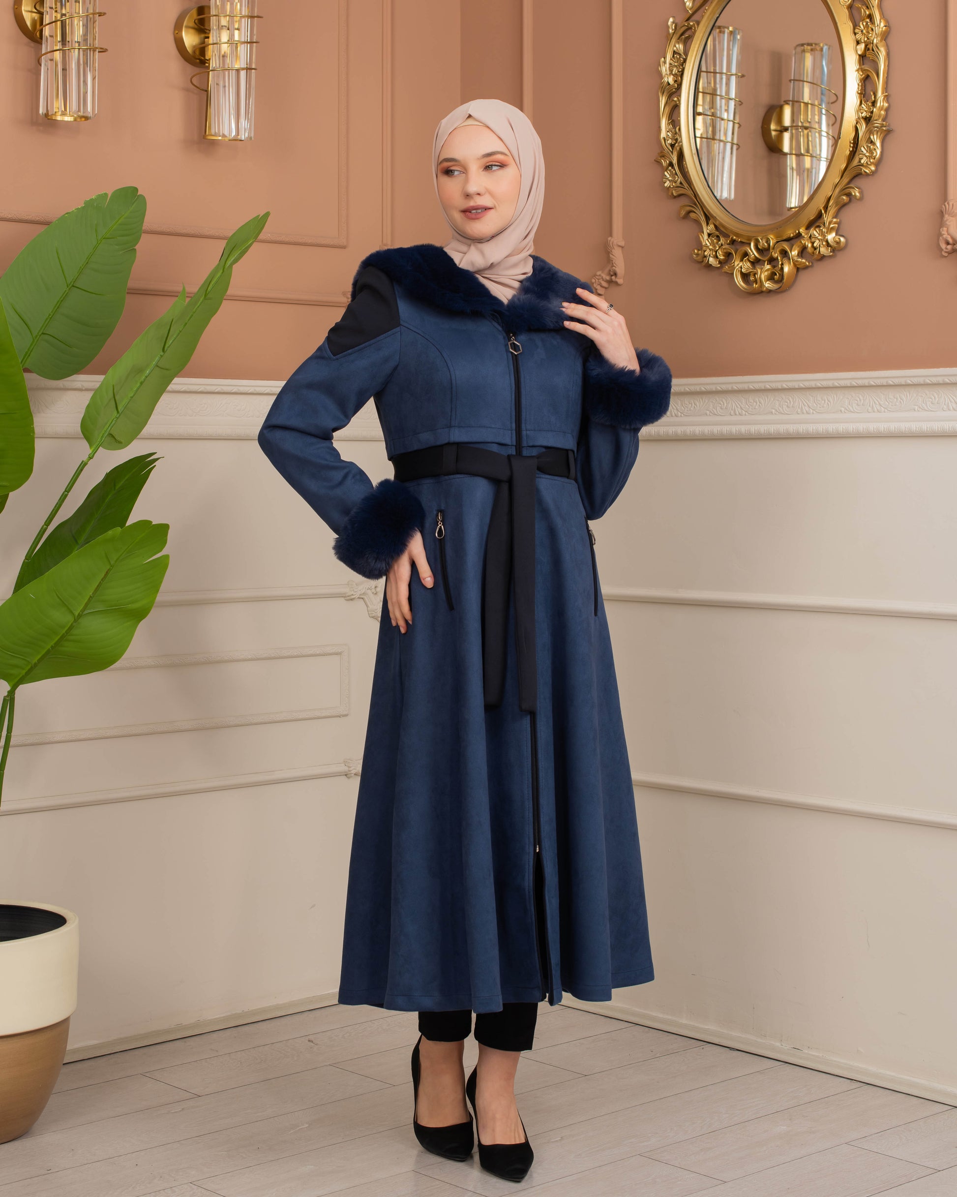 Luxus Wildleder-Trenchcoat mit Kaninchenfell gefüttert 1366 - Dunkelblau