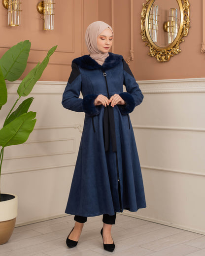 Luxus Wildleder-Trenchcoat mit Kaninchenfell gefüttert 1366 - Dunkelblau