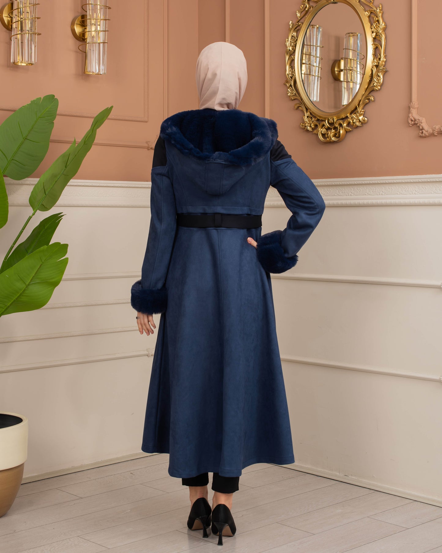 Luxus Wildleder-Trenchcoat mit Kaninchenfell gefüttert 1366 - Dunkelblau