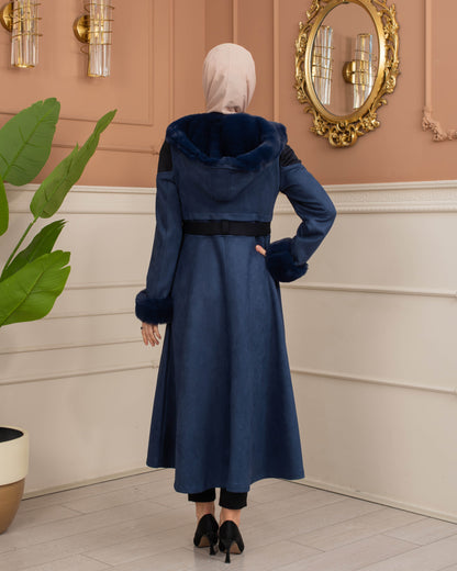 Luxus Wildleder-Trenchcoat mit Kaninchenfell gefüttert 1366 - Dunkelblau