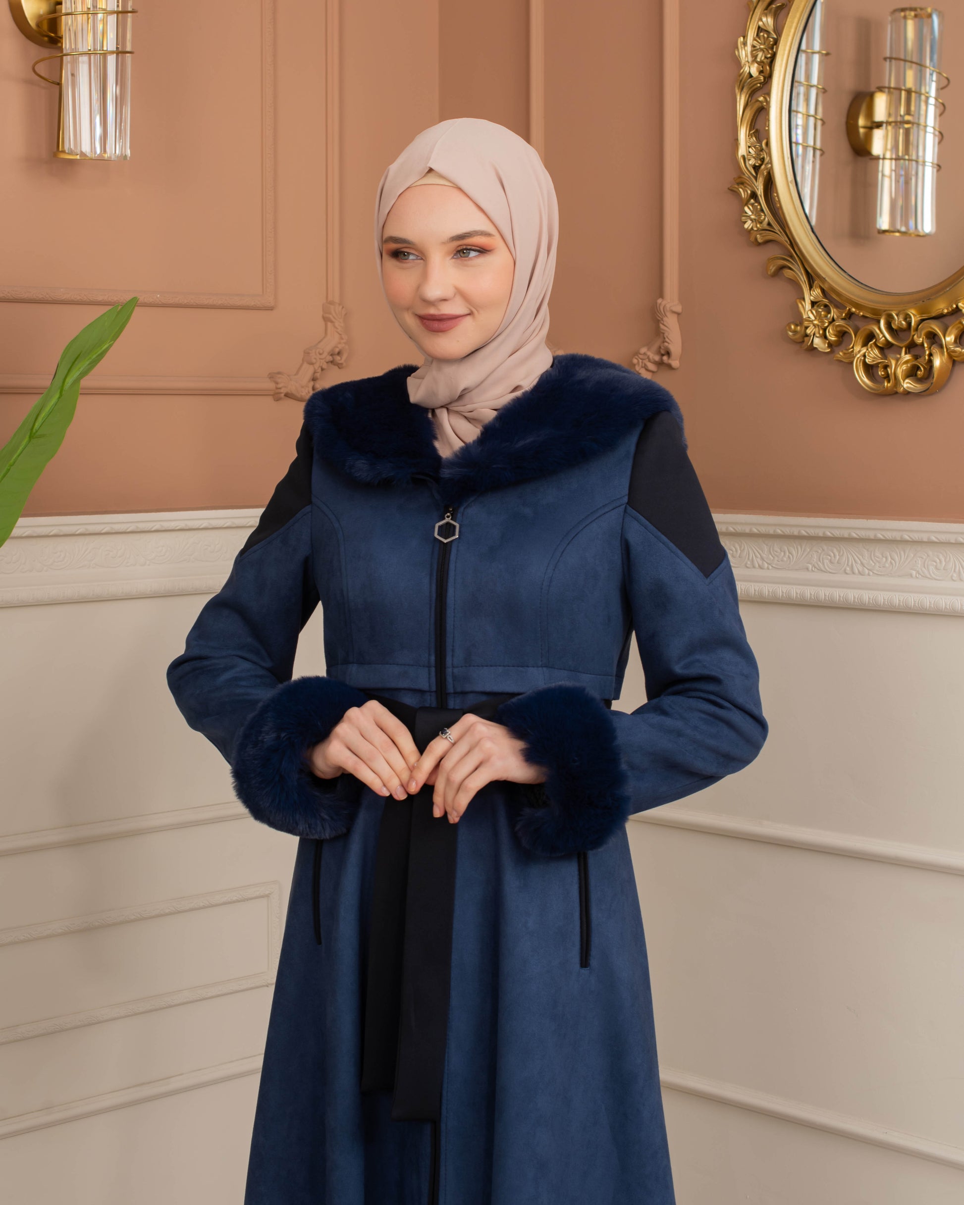 Luxus Wildleder-Trenchcoat mit Kaninchenfell gefüttert 1366 - Dunkelblau