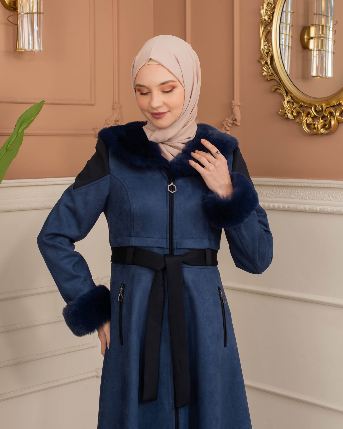 Luxus Wildleder-Trenchcoat mit Kaninchenfell gefüttert 1366 - Dunkelblau