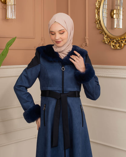 Luxus Wildleder-Trenchcoat mit Kaninchenfell gefüttert 1366 - Dunkelblau