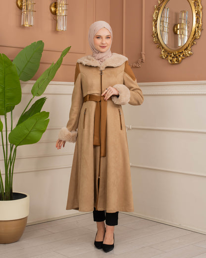 Luxus Wildleder-Trenchcoat mit Kaninchenfell gefüttert 1366 - Beige