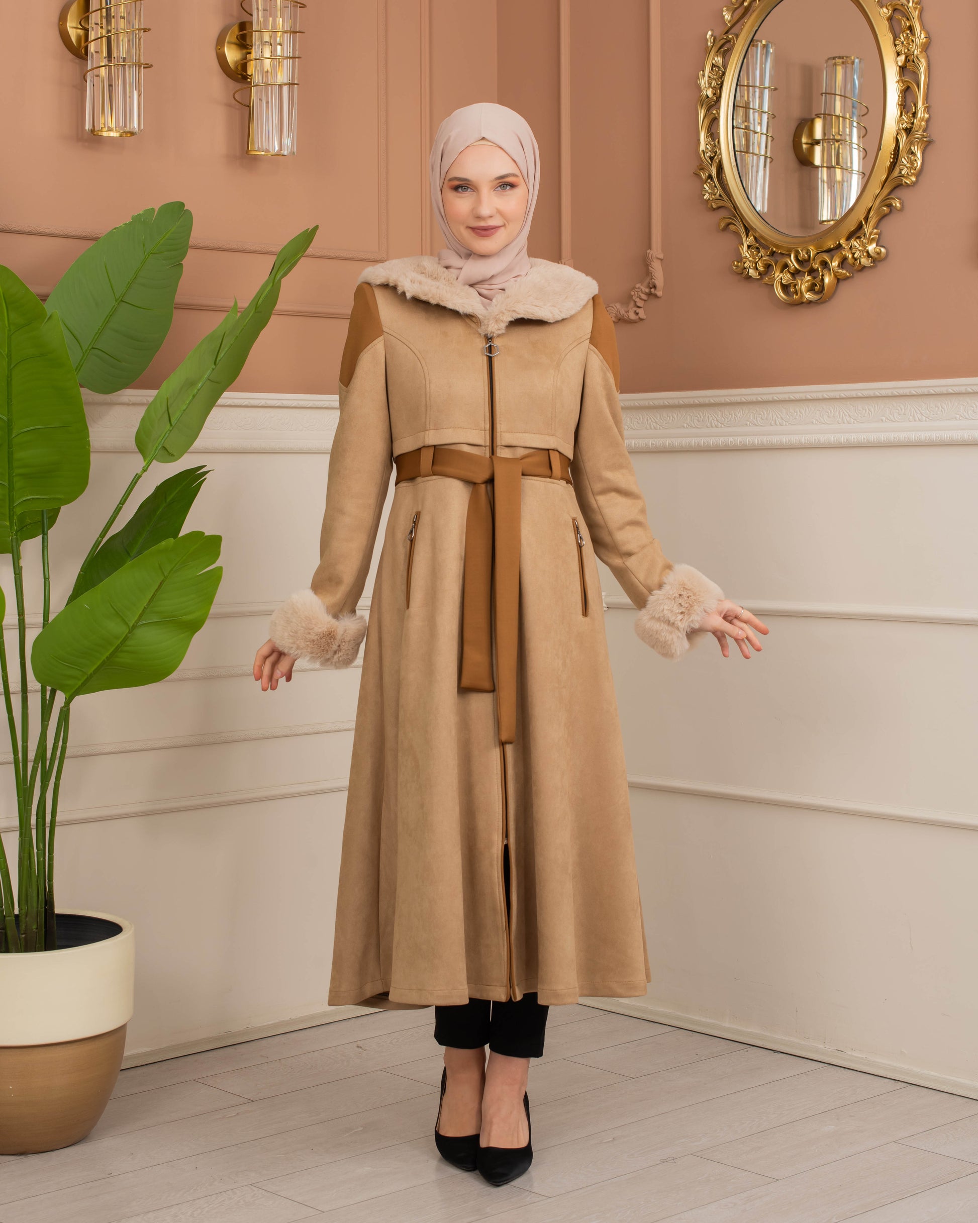 Luxus Wildleder-Trenchcoat mit Kaninchenfell gefüttert 1366 - Beige