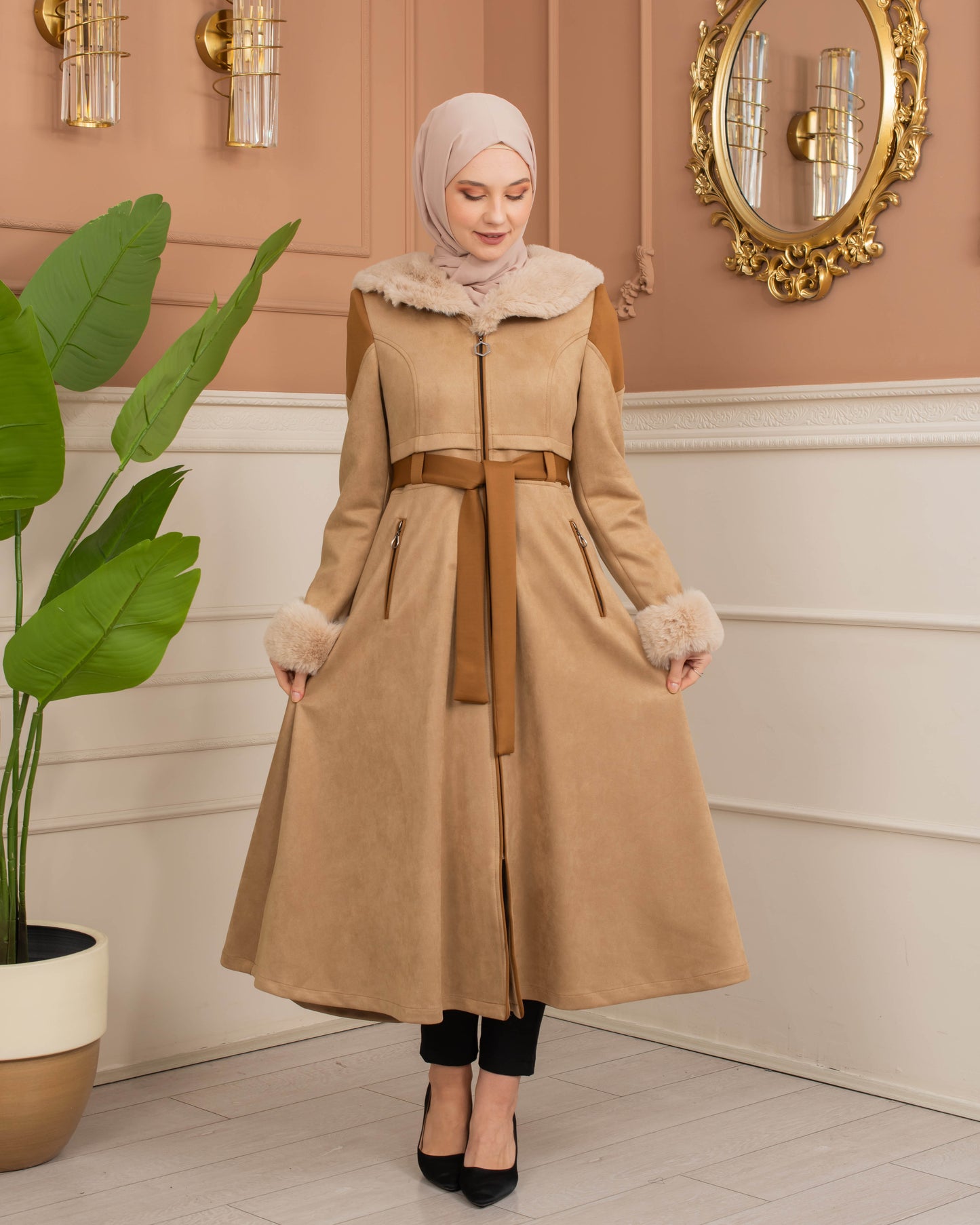 Luxus Wildleder-Trenchcoat mit Kaninchenfell gefüttert 1366 - Beige