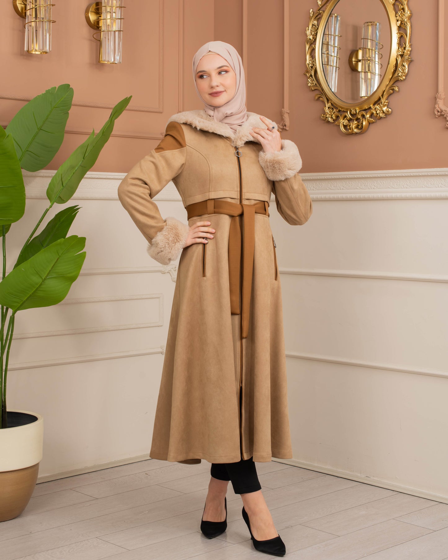 Luxus Wildleder-Trenchcoat mit Kaninchenfell gefüttert 1366 - Beige