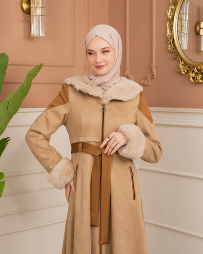 Luxus Wildleder-Trenchcoat mit Kaninchenfell gefüttert 1366 - Beige