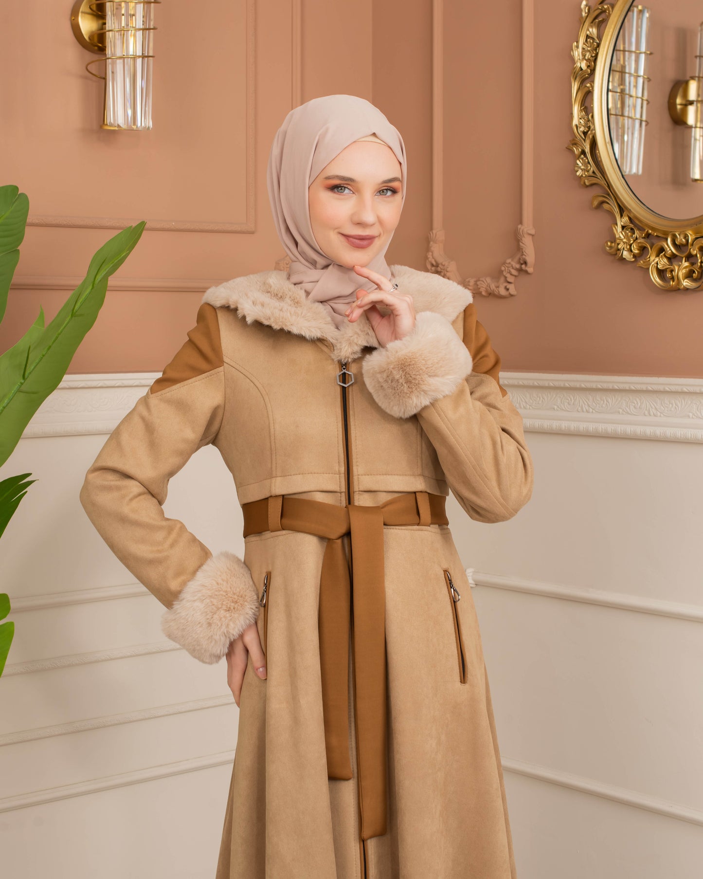 Luxus Wildleder-Trenchcoat mit Kaninchenfell gefüttert 1366 - Beige