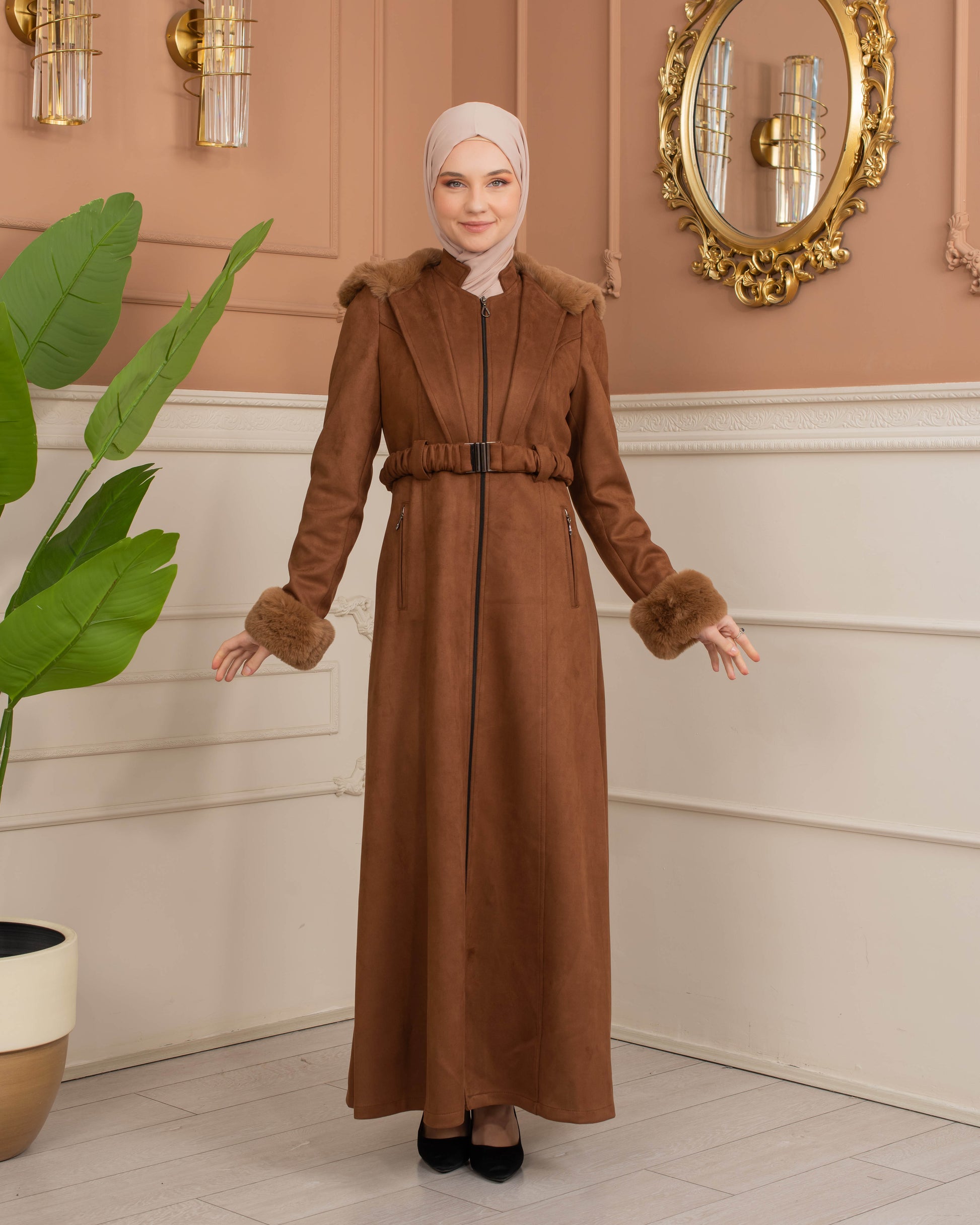 Damen Wildleder-Mantel mit Kaninchenfell gefüttert 1368 - Braun