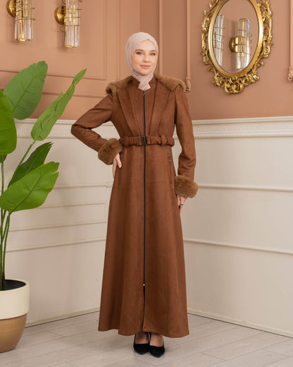 Damen Wildleder-Mantel mit Kaninchenfell gefüttert 1368 - Braun