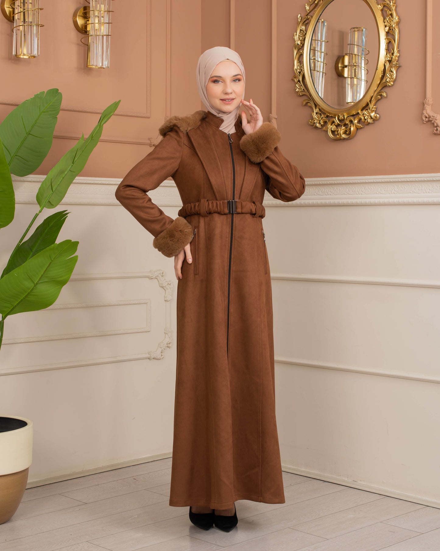 Damen Wildleder-Mantel mit Kaninchenfell gefüttert 1368 - Braun