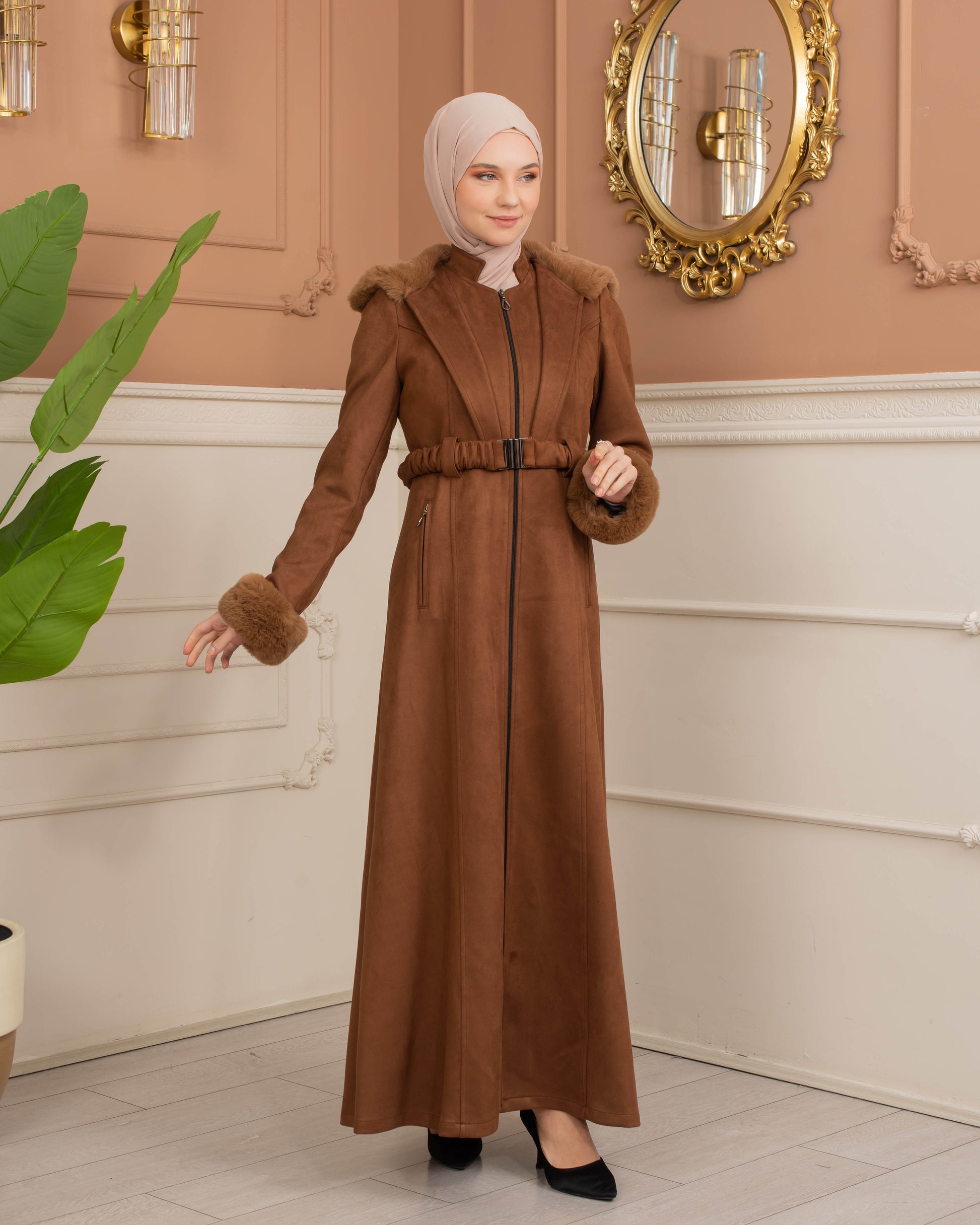 Damen Wildleder-Mantel mit Kaninchenfell gefüttert 1368 - Braun