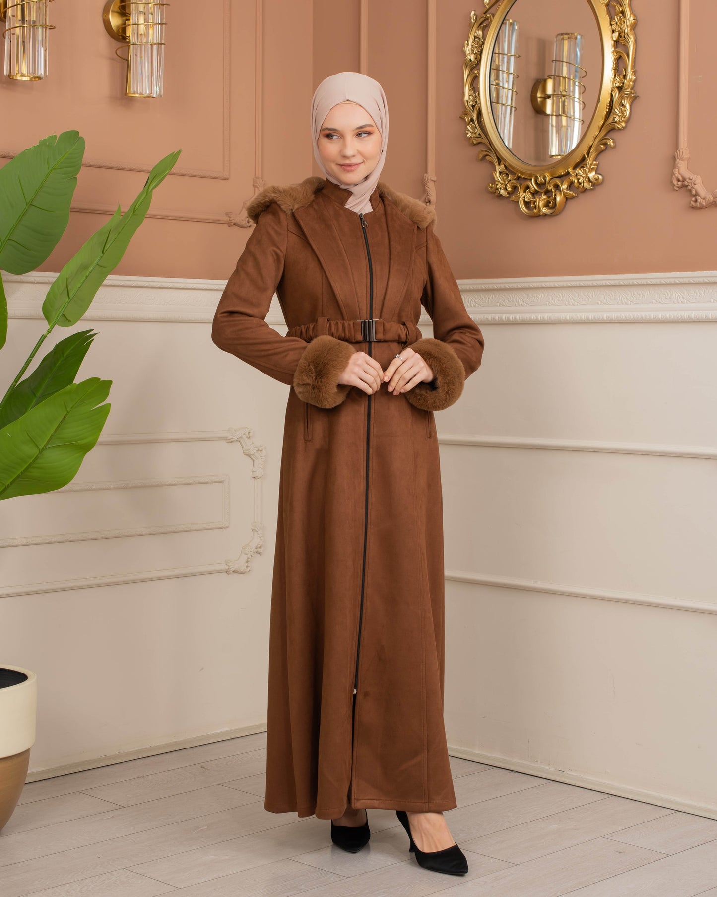 Damen Wildleder-Mantel mit Kaninchenfell gefüttert 1368 - Braun