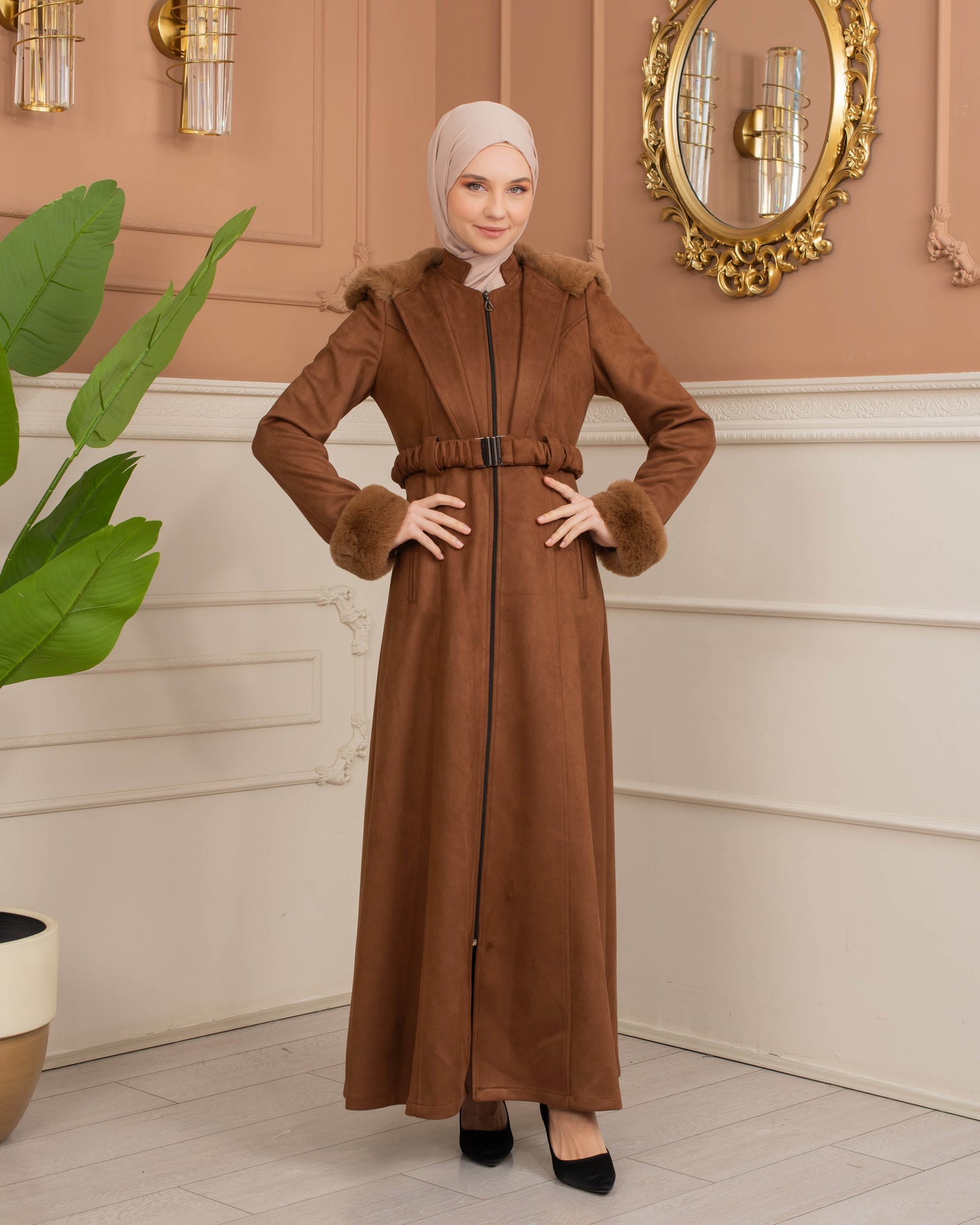 Damen Wildleder-Mantel mit Kaninchenfell gefüttert 1368 - Braun