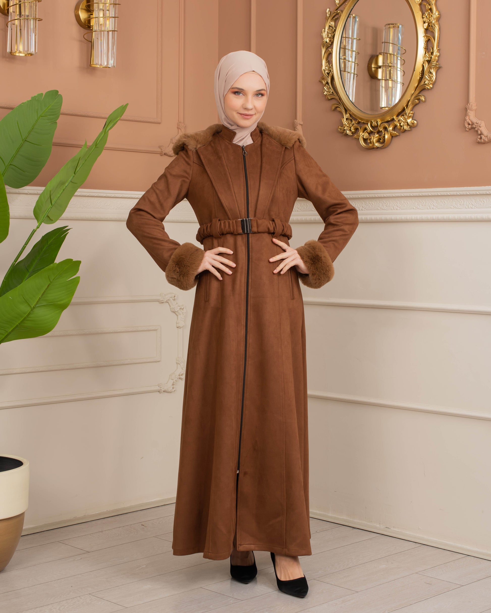 Damen Wildleder-Mantel mit Kaninchenfell gefüttert 1368 - Braun