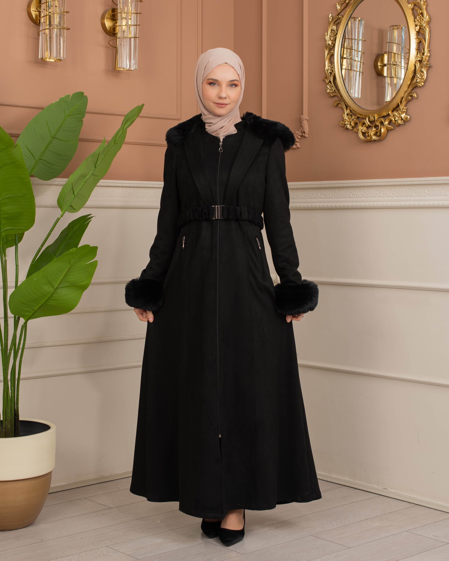 Damen Wildleder-Mantel mit Kaninchenfell gefüttert 1368 - Schwarz