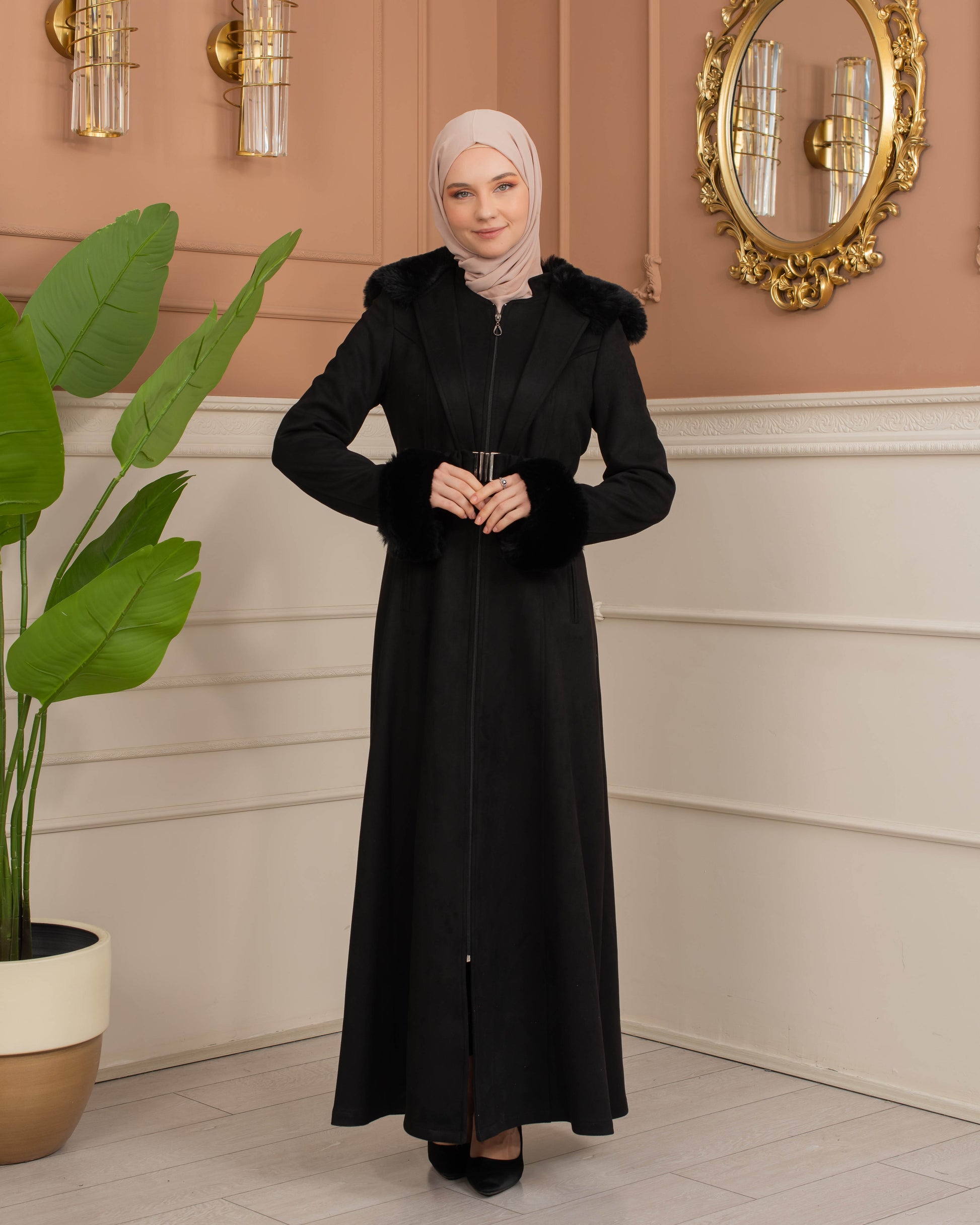 Damen Wildleder-Mantel mit Kaninchenfell gefüttert 1368 - Schwarz