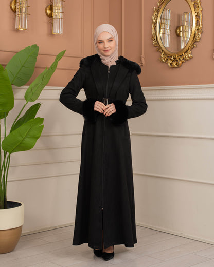 Damen Wildleder-Mantel mit Kaninchenfell gefüttert 1368 - Schwarz