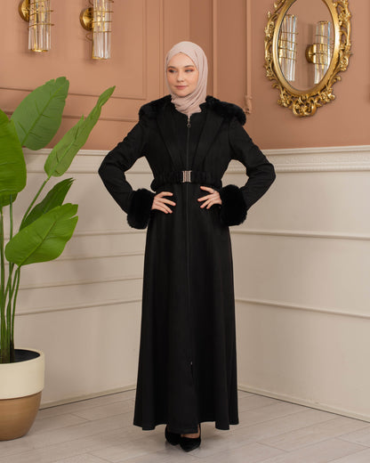 Damen Wildleder-Mantel mit Kaninchenfell gefüttert 1368 - Schwarz