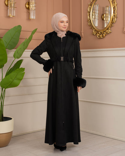 Damen Wildleder-Mantel mit Kaninchenfell gefüttert 1368 - Schwarz