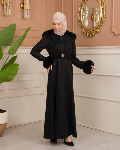 Damen Wildleder-Mantel mit Kaninchenfell gefüttert 1368 - Schwarz