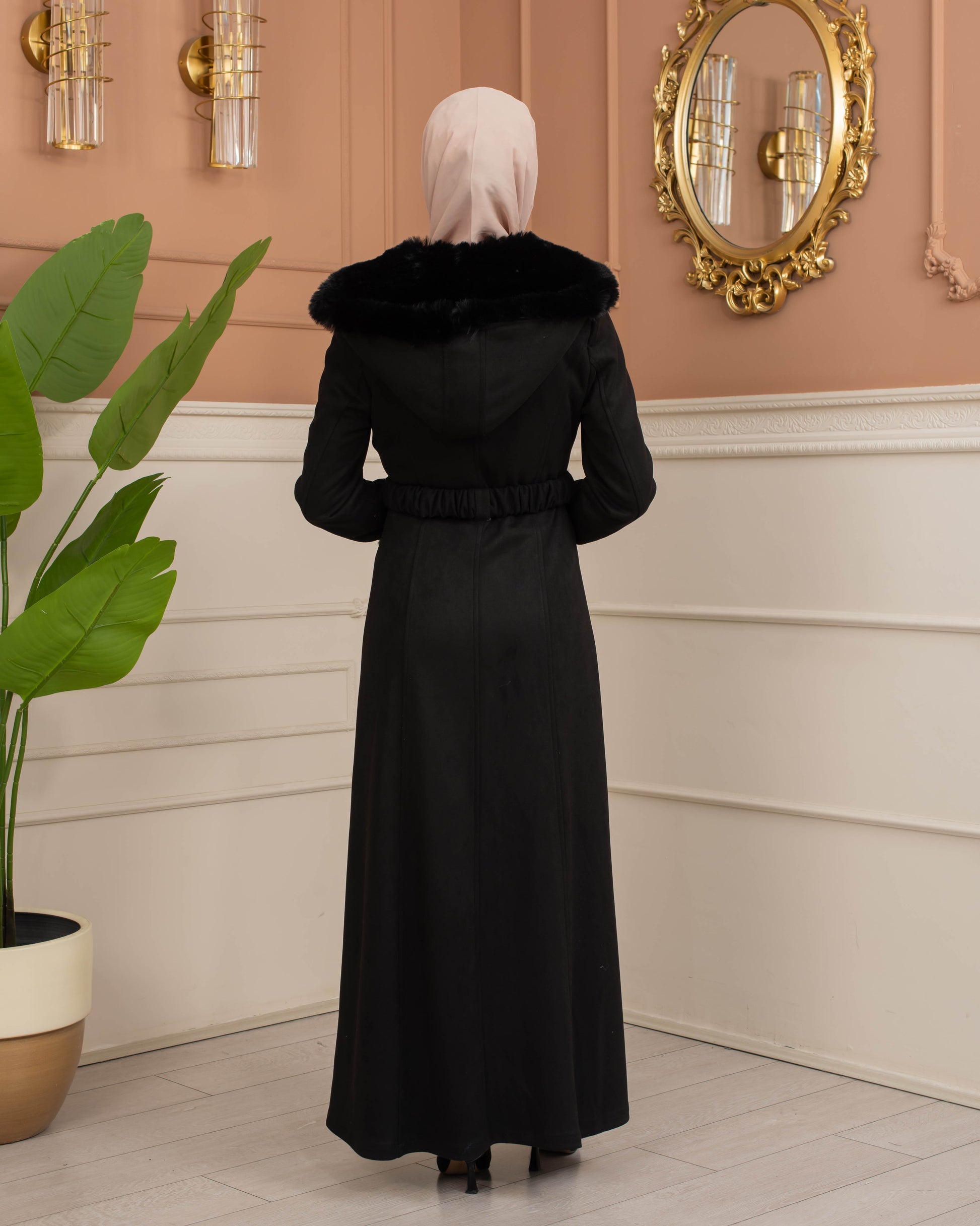 Damen Wildleder-Mantel mit Kaninchenfell gefüttert 1368 - Schwarz