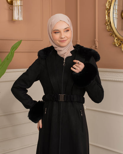 Damen Wildleder-Mantel mit Kaninchenfell gefüttert 1368 - Schwarz