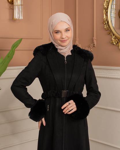 Damen Wildleder-Mantel mit Kaninchenfell gefüttert 1368 - Schwarz