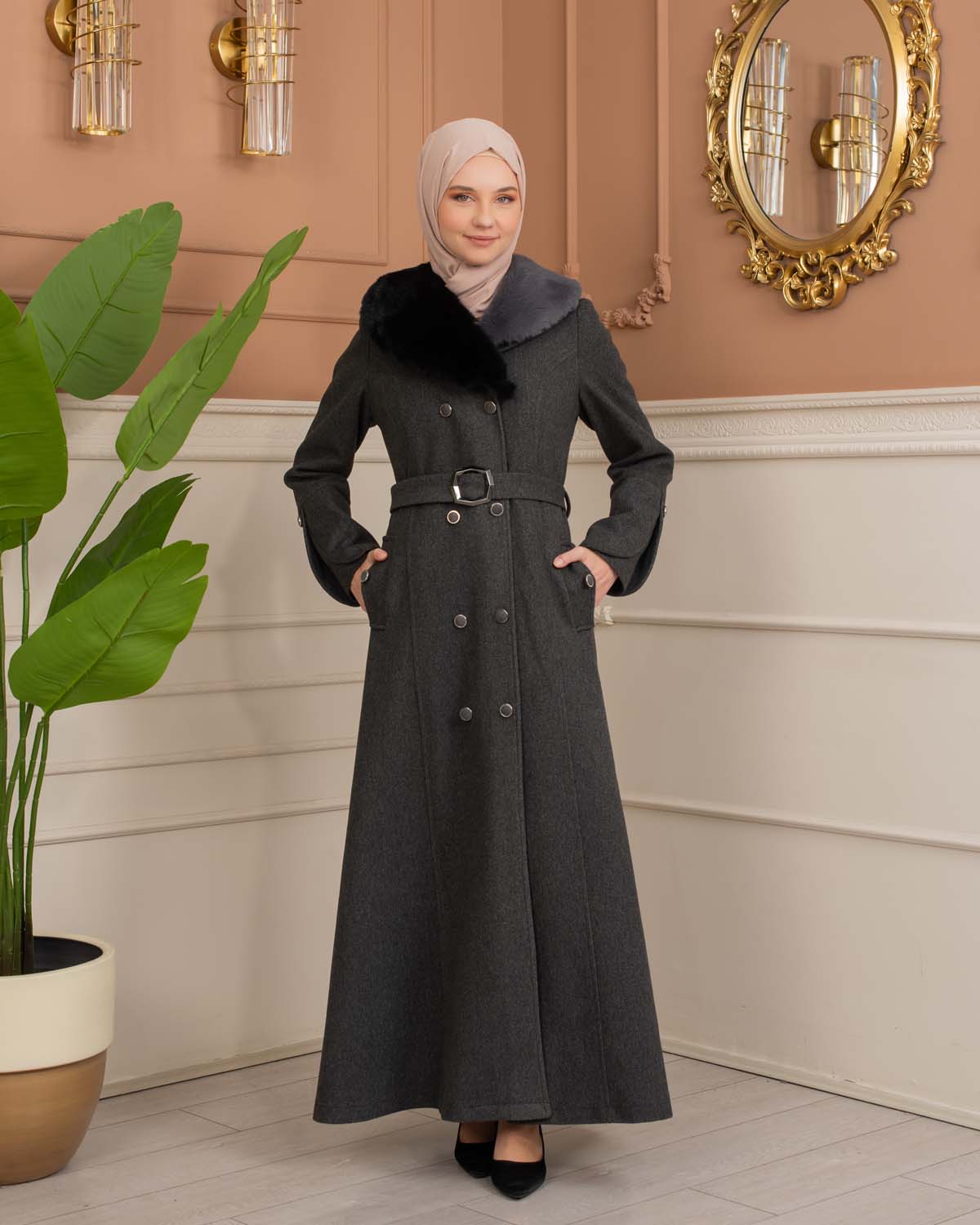 Langer Wollmantel mit Kaninchenfellfutter 1370 - Anthrazit