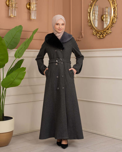 Langer Wollmantel mit Kaninchenfellfutter 1370 - Anthrazit
