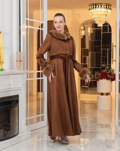 Luxus Wildleder-Optik Mantel mit Kaninchenfell-Futter 1373 - Braun