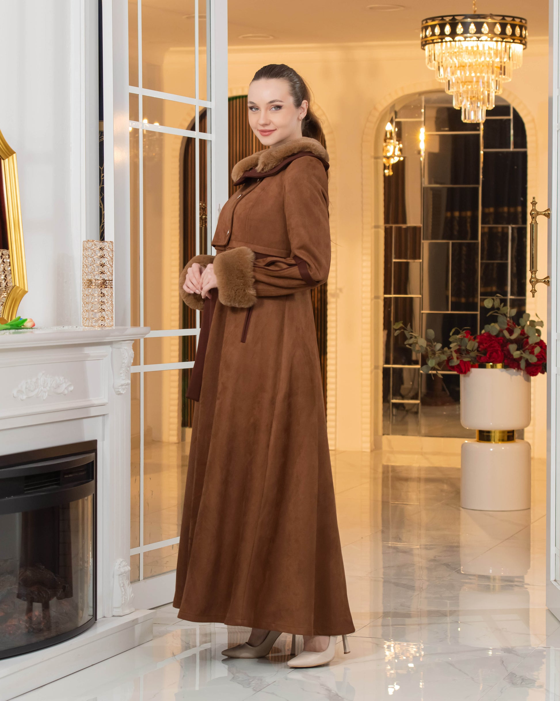 Luxus Wildleder-Optik Mantel mit Kaninchenfell-Futter 1373 - Braun