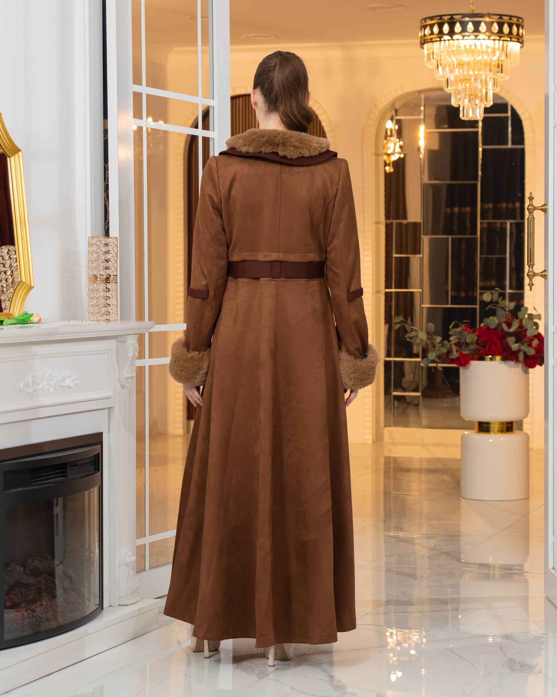 Luxus Wildleder-Optik Mantel mit Kaninchenfell-Futter 1373 - Braun