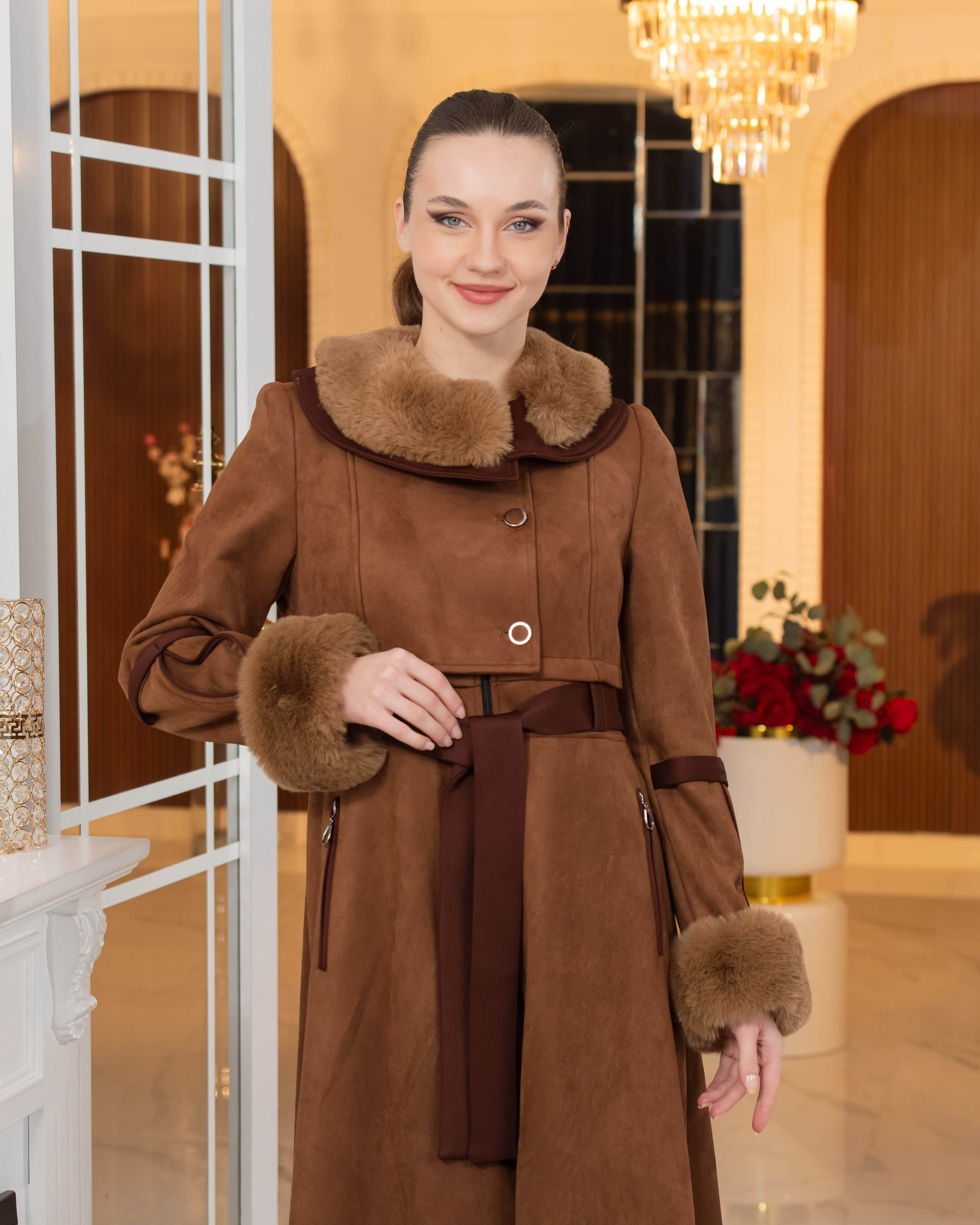 Luxus Wildleder-Optik Mantel mit Kaninchenfell-Futter 1373 - Braun