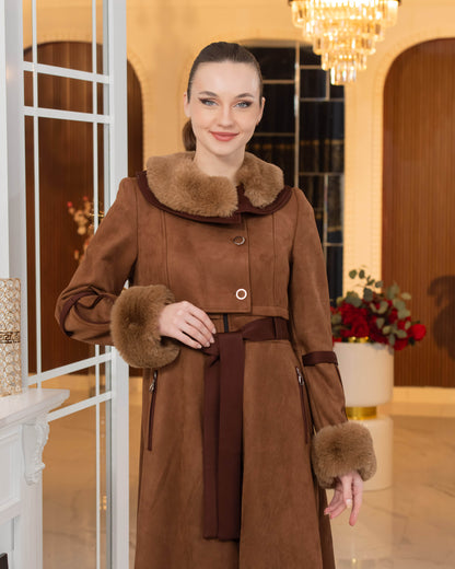 Luxus Wildleder-Optik Mantel mit Kaninchenfell-Futter 1373 - Braun