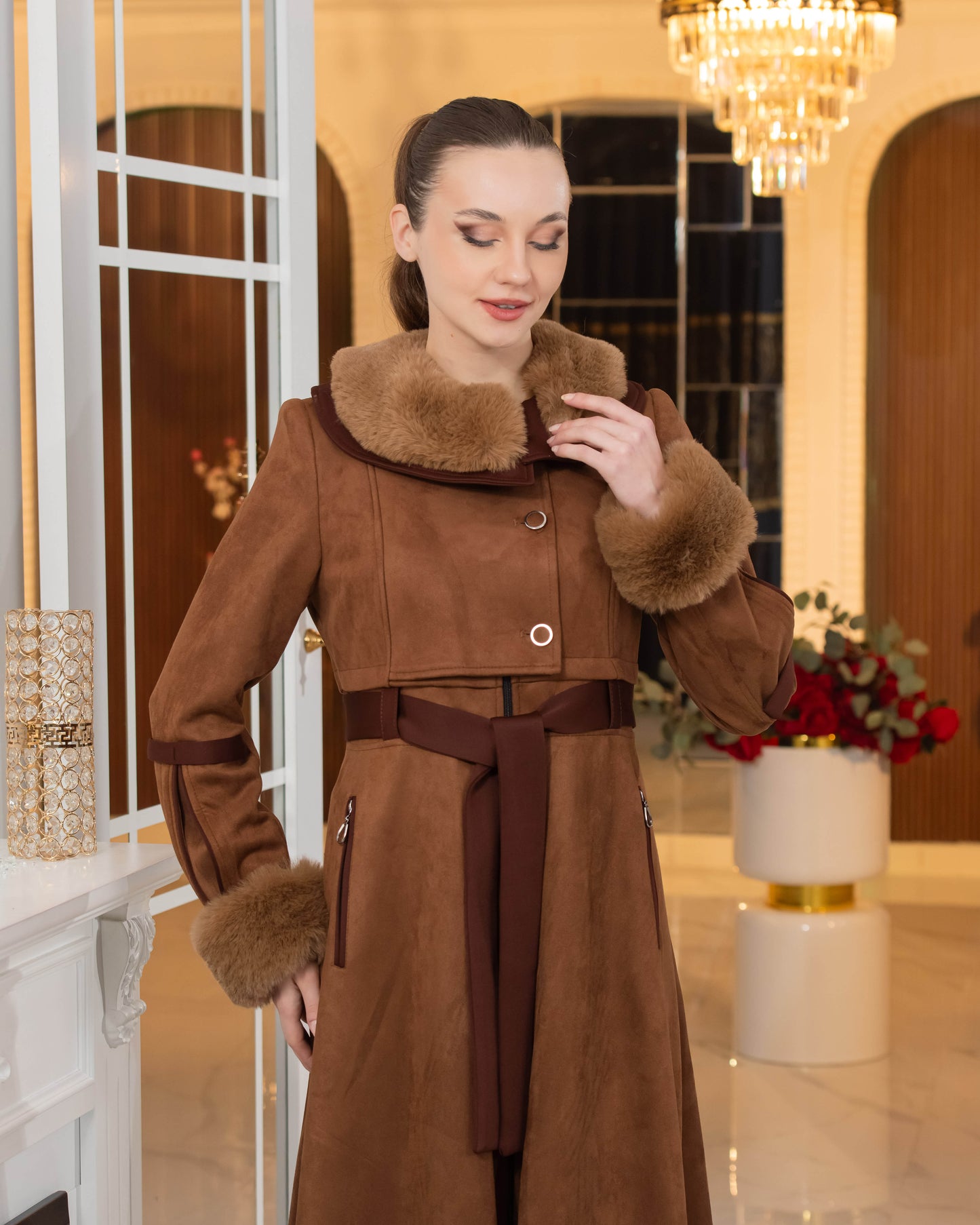 Luxus Wildleder-Optik Mantel mit Kaninchenfell-Futter 1373 - Braun