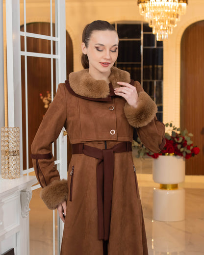 Luxus Wildleder-Optik Mantel mit Kaninchenfell-Futter 1373 - Braun