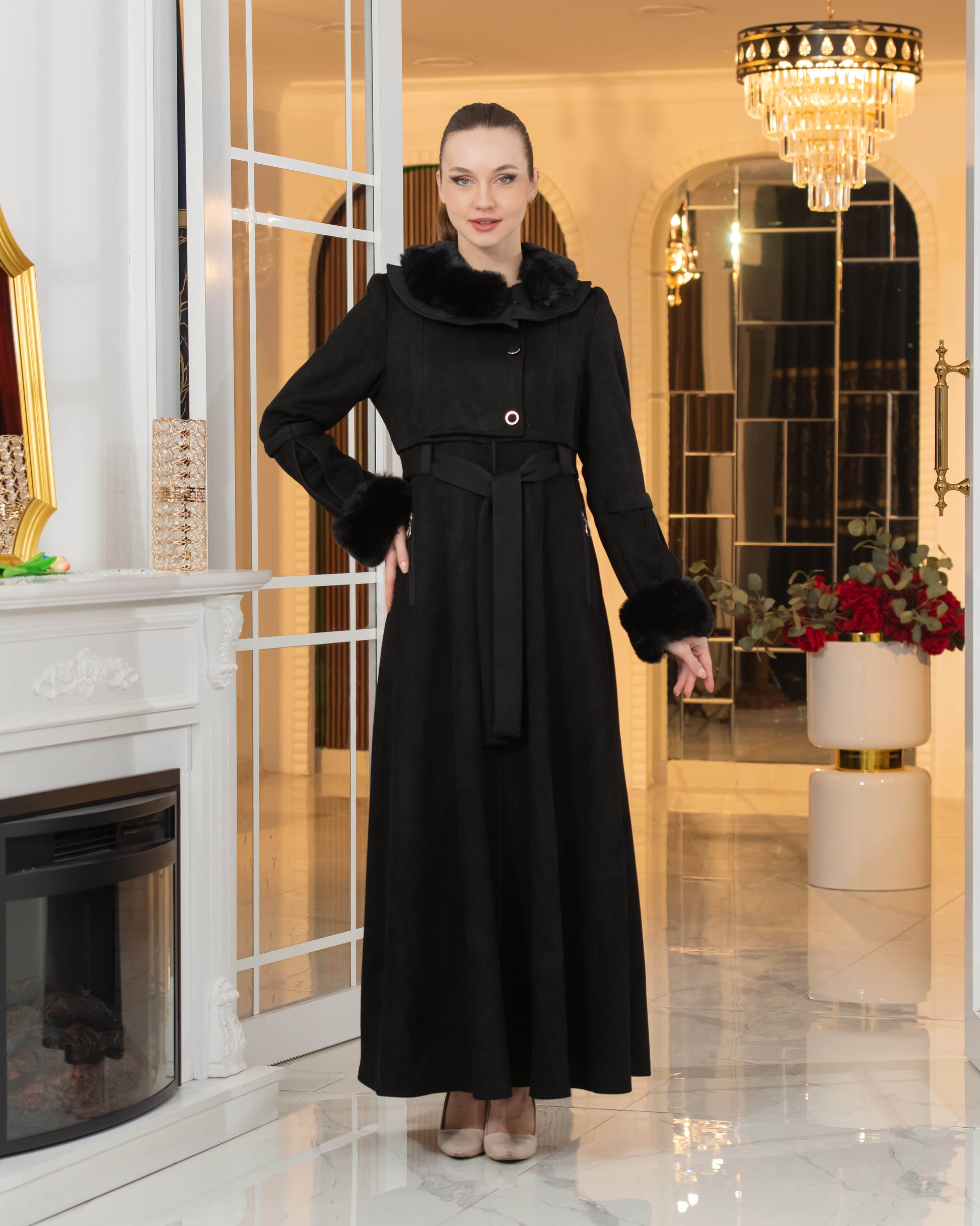 Luxus Wildleder-Optik Mantel mit Kaninchenfell-Futter 1373 - Schwarz