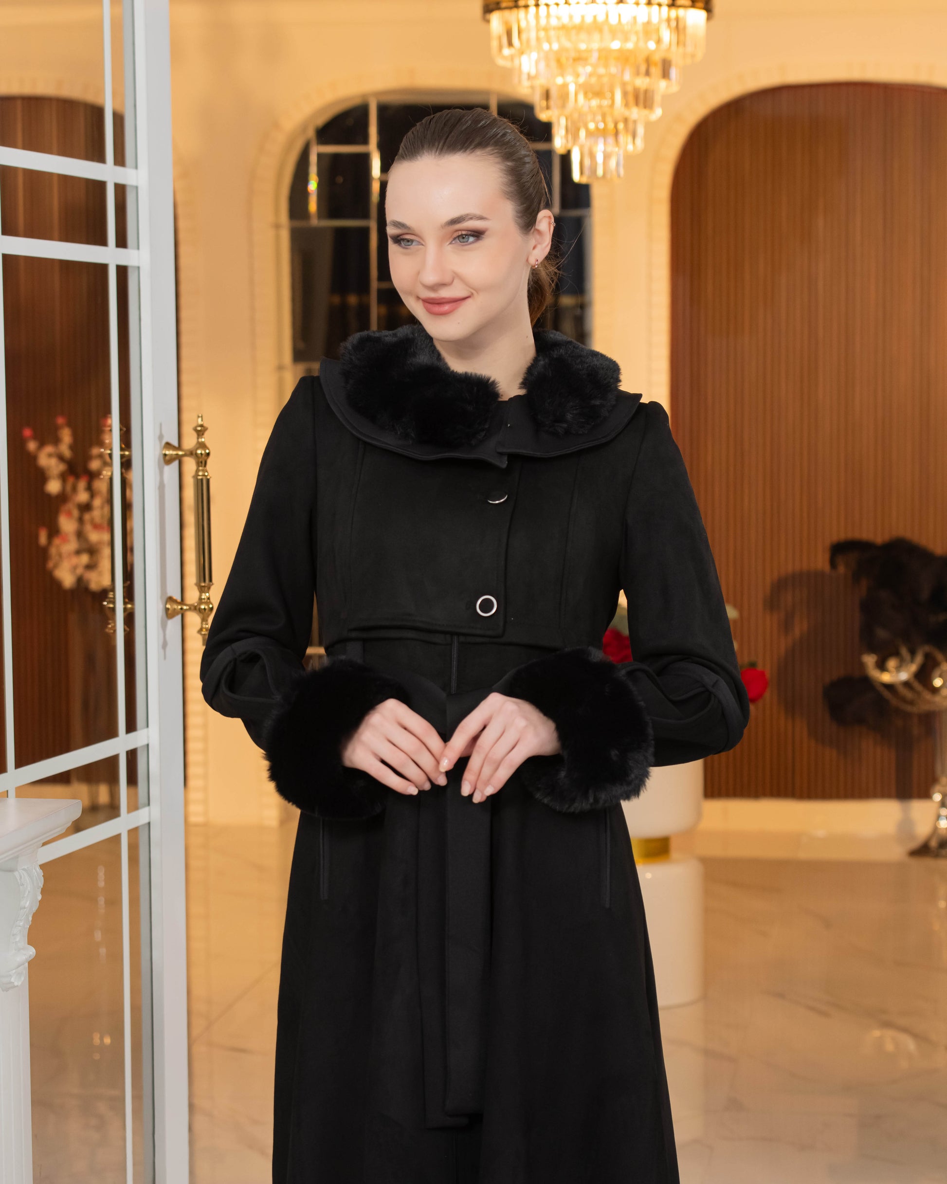 Luxus Wildleder-Optik Mantel mit Kaninchenfell-Futter 1373 - Schwarz