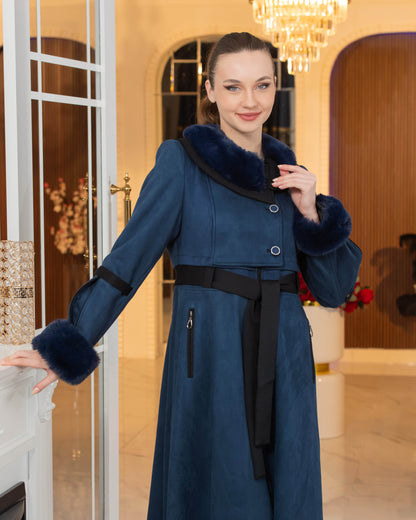 Luxus Wildleder-Optik Mantel mit Kaninchenfell-Futter 1373 - Dunkelblau