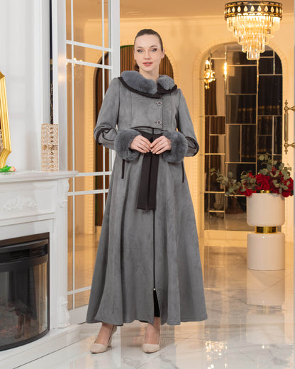 Luxus Wildleder-Optik Mantel mit Kaninchenfell-Futter 1373 - Grau