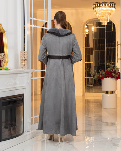 Luxus Wildleder-Optik Mantel mit Kaninchenfell-Futter 1373 - Grau