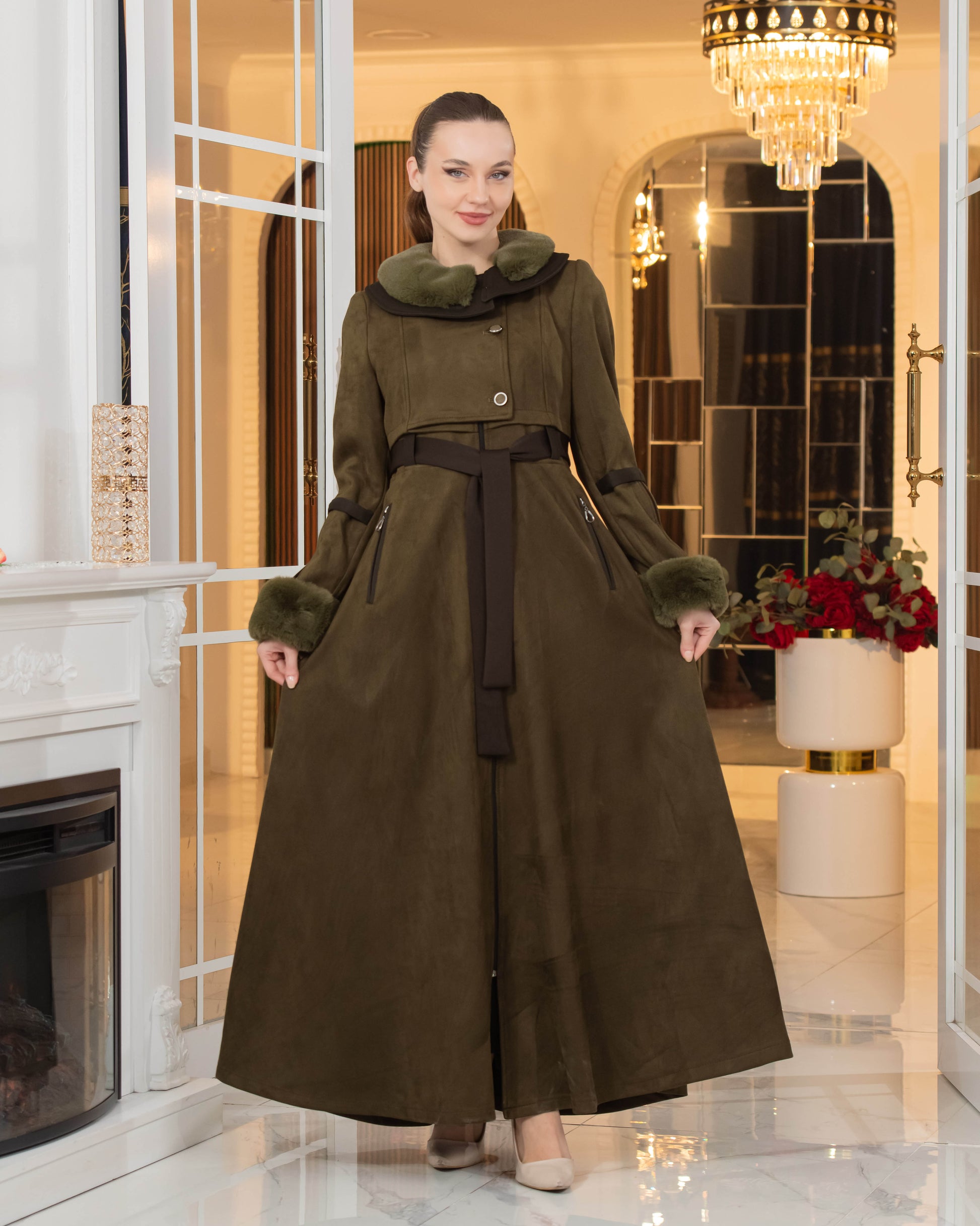 Luxus Wildleder-Optik Mantel mit Kaninchenfell-Futter 1373 - Khaki